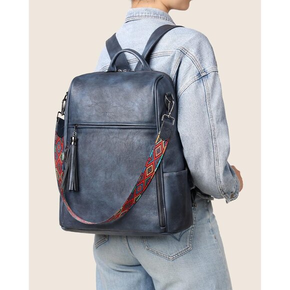 Women's Dusty Blue Retro Style Backpack Designer 15.6 inch PU Leather Laptop Bag - Picture 2 of 9